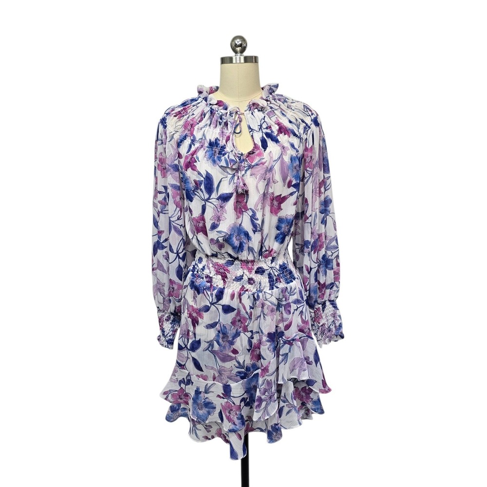 MISA Los Angeles Floral Print Ruffle Neck Dress XS Metallic Sheer - Picture 2 of 11